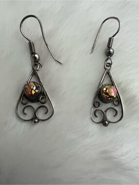 VTG Mexico ART PLATA 925 Sterling Silver Dragon's Breath Fire Opal Earrings Set